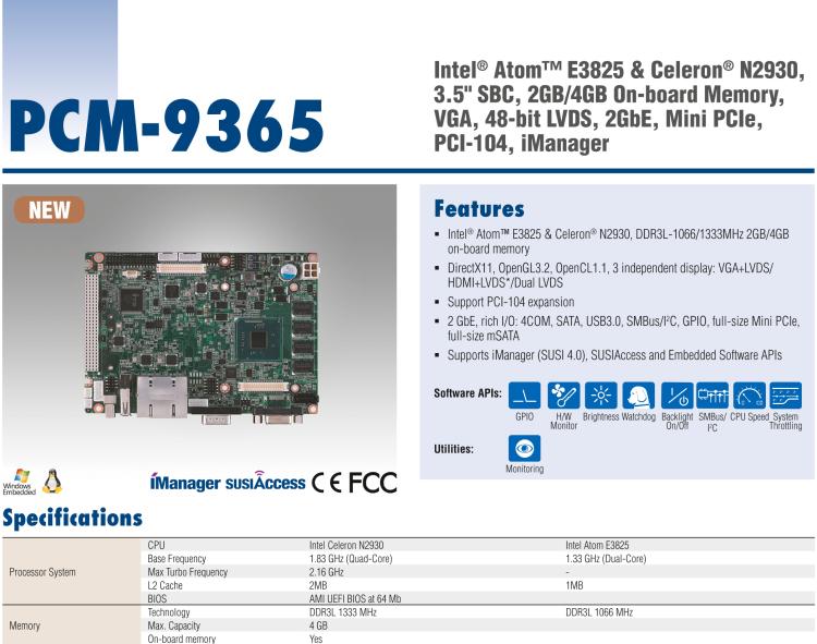 研華PCM-9365 第四代ATOM PCI-104 3.5寸主板, 搭載E3825，N2930 CPU，2GB/4GB內(nèi)存在板，VGA, 18/24-bit LVDS, 2GbE, Mini PCIe, PCI-104, iManager