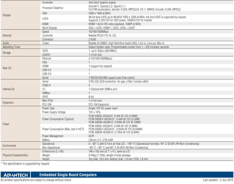 研華PCM-9365 第四代ATOM PCI-104 3.5寸主板, 搭載E3825，N2930 CPU，2GB/4GB內(nèi)存在板，VGA, 18/24-bit LVDS, 2GbE, Mini PCIe, PCI-104, iManager