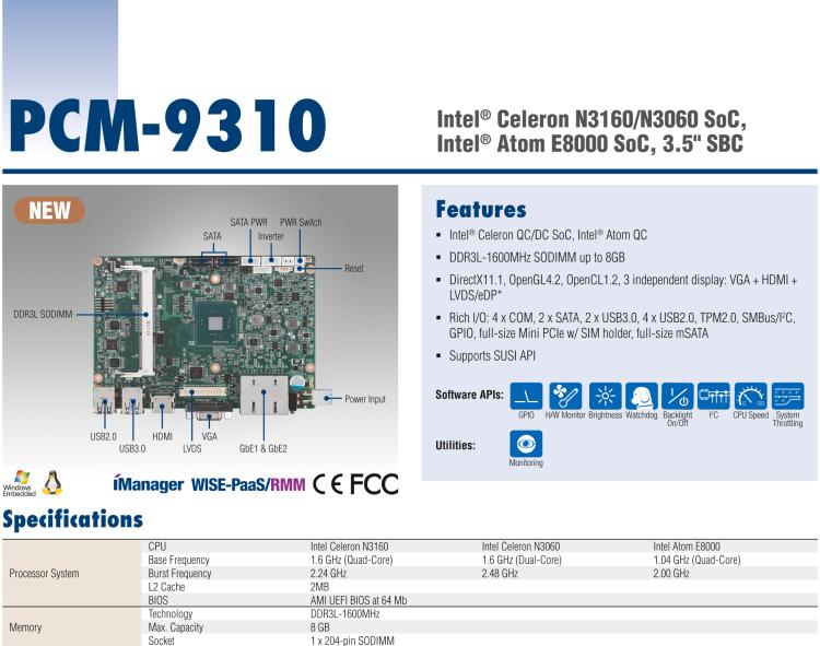 研華PCM-9310 英特爾第五代Atom?賽揚(yáng)N3160 / N3060 SoC，Intel?Atom E8000 SoC，3.5寸單板電腦，DDR3L，VGA，HDMI，48位LVDS，2GbE，Mini PCIe，mSATA，SUSI API