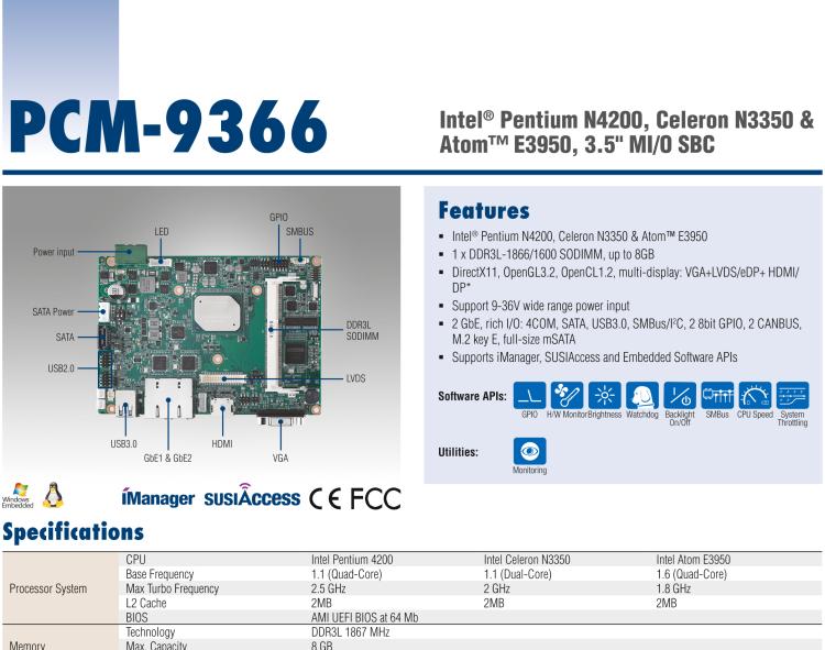 研華PCM-9366 Intel 第六代Atom?奔騰N4200賽揚(yáng)N3350，3.5寸單板電腦