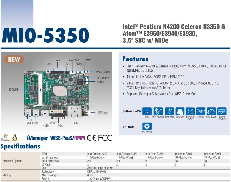 研華MIO-5350 英特爾第六代凌動 Atom?奔騰N4200/N3350，3.5寸單板電腦