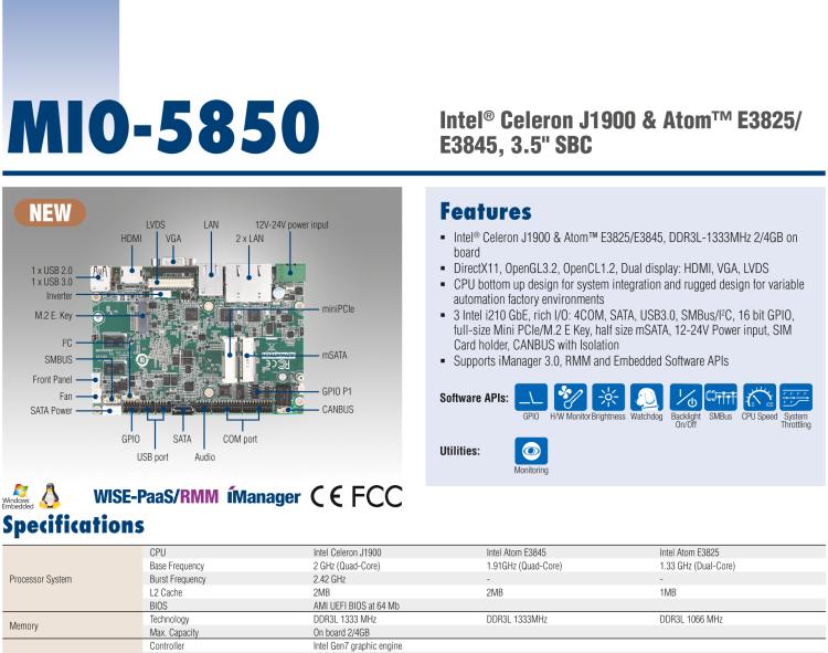 研華MIO-5850 Intel賽揚J1900和Atom?E3825 / E3845,3.5“MI / O-Compact SBC，板載DDR3L，3GbE，iManager 3.0,16位GPIO，CANBUS，板載eMMC，12V / 24V電源輸入