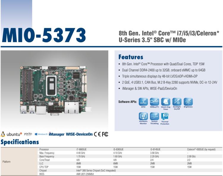 研華MIO-5373 第八代 Intel 低功耗高性能 超極本CPU 3.5寸嵌入式單板，性能提升40%