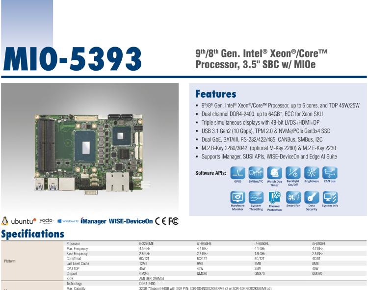 研華MIO-5393 第九代Intel 高性能筆記本CPU 3.5寸小尺寸嵌入式單板，性能提升25%，TDP 45W/25W，支持DDR4 64GB內(nèi)存，2LAN, 4USB 3.1，M.2 2280 Key支持NVMe，-40-85℃寬溫