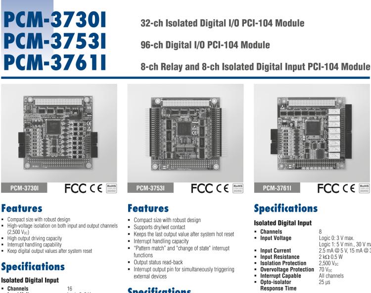 研華PCM-3730I PCI-104，2通,32通道隔離數(shù)字輸入/輸出卡