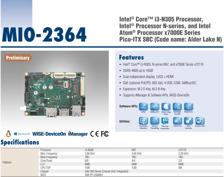 研華MIO-2364 12代Intel Core i3-N305/Atom/Celeron 系列PICO-ITX單板電腦