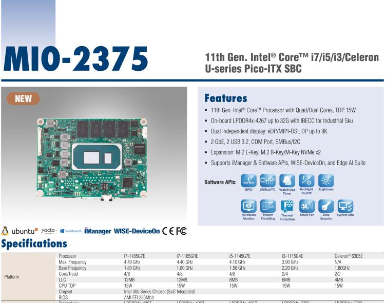 研華MIO-2375 第11代 Intel Core U 系列 Pico-ITX 2.5" 單板電腦