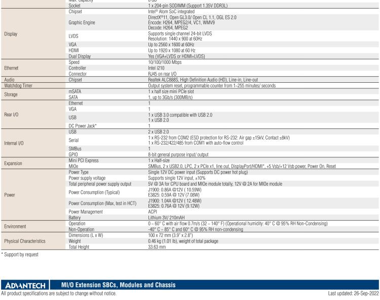 研華MIO-2263 2.5寸Pico-ITX主板，搭載Intel? Atom? SoC E3825/ J1900處理器的2.5寸Pico-ITX單板電腦，采用DDR3L內(nèi)存，支持24-bit LVDS + VGA/HDMI獨(dú)立雙顯，帶有豐富I/O接口：1個(gè)GbE、半長(zhǎng)Mini PCIe、4個(gè)USB、2個(gè)COM、SMBus、mSATA & MIOe