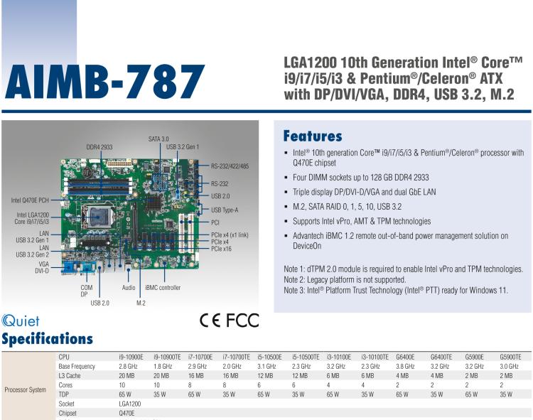 研華AIMB-787 LGA1200 10th Generation Intel? Core? i9/i7/i5/i3 & Pentium?/Celeron? ATX with DP/DVI/VGA, DDR4, USB 3.2, M.2