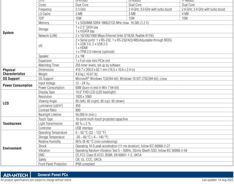 研華PPC-3151SW 15.6" 無風扇工業(yè)平板電腦, 搭載 Intel? 第六代 Core? i 處理器