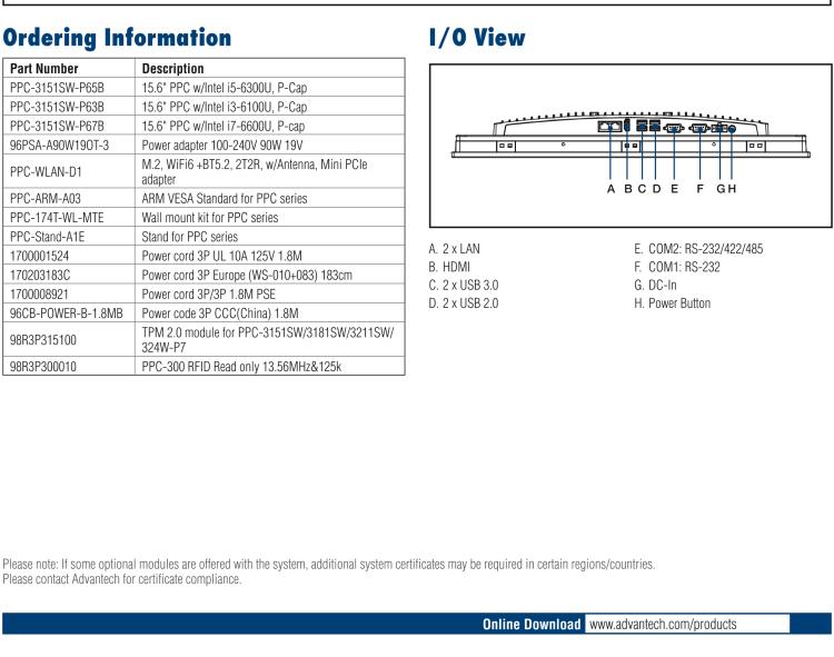 研華PPC-3151SW 15.6" 無風扇工業(yè)平板電腦, 搭載 Intel? 第六代 Core? i 處理器