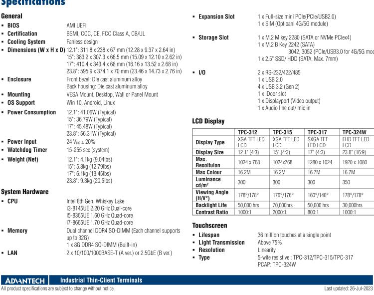 研華TPC-317 17" SXGA TFT LED LCD工業(yè)平板電腦，搭載第八代Intel?Core?i3/ i5/ i7處理器，內(nèi)置8G DDR4 RAM