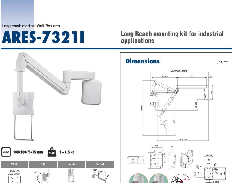 研華ARES-7321I ARES-7321I is a medical grade wall-mounted arm with VESA standard holes that can be moved horizontally.