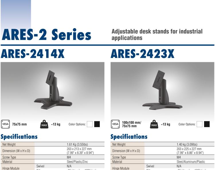 研華ARES-2423S ARES-2423S is a height-adjusting desk stand compatible with 75x75/100x100 mm VESA patterns. It can tilt -5° (down) ~ +20° (up) and screens up to 34".