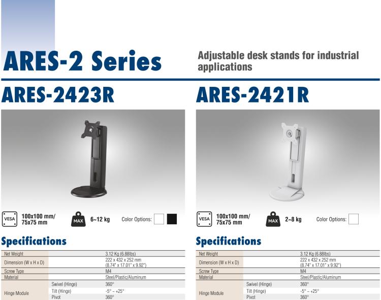 研華ARES-2414X ARES-2414X is a desk stand compatible with 75x75 mm VESA patterns. It can tilt -2° (down) ~ +180° (up) and screens up to 17".