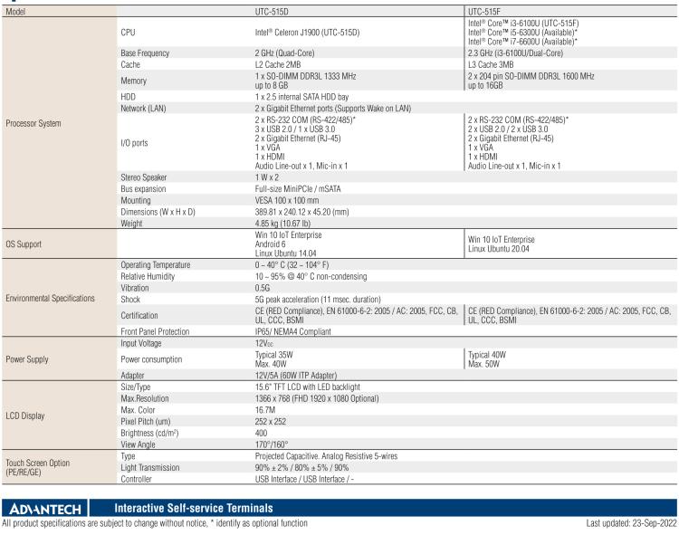 研華UTC-515F 15.6" 多功能觸控一體機(jī)，內(nèi)置Intel? Skylake Core? i3-6100U處理器