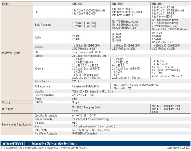 研華UTC-318H 18.5" 多功能觸控一體機(jī)，內(nèi)置 Intel? Core? i5-8365UE / Core? i3-8145UE