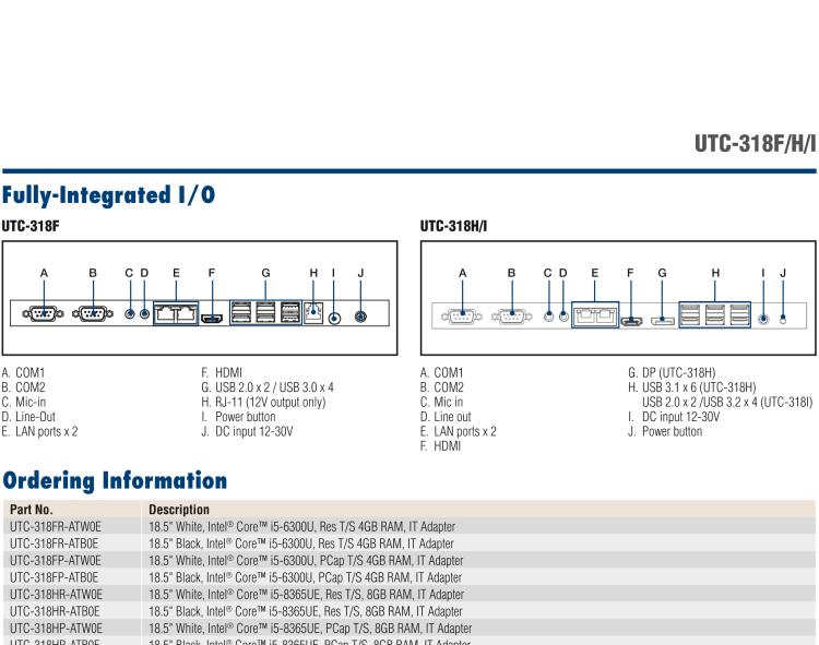 研華UTC-318H 18.5" 多功能觸控一體機(jī)，內(nèi)置 Intel? Core? i5-8365UE / Core? i3-8145UE