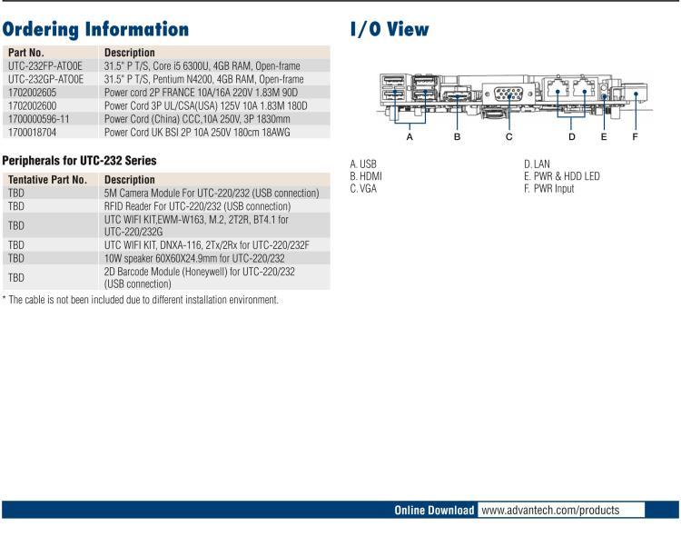 研華UTC-232F 31.5" Open Frame Panel PC with Intel? Core? i5-6300U