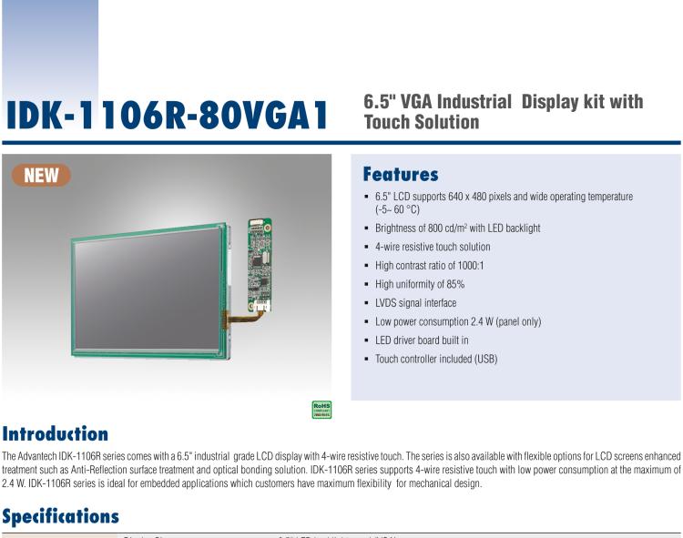 研華IDK-1106 6.5" VGA 640x480 800nit LVDS LCD，帶 4W RES. T/S 套件