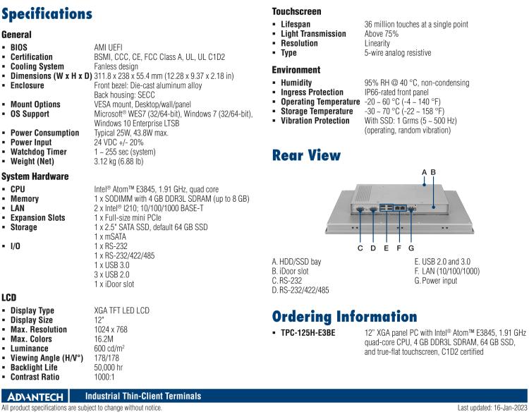 研華TPC-125H 12" XGA TFT LED LCD Thin-Client Terminal with Intel? Atom? Processor for Hazardous Locations Introduction