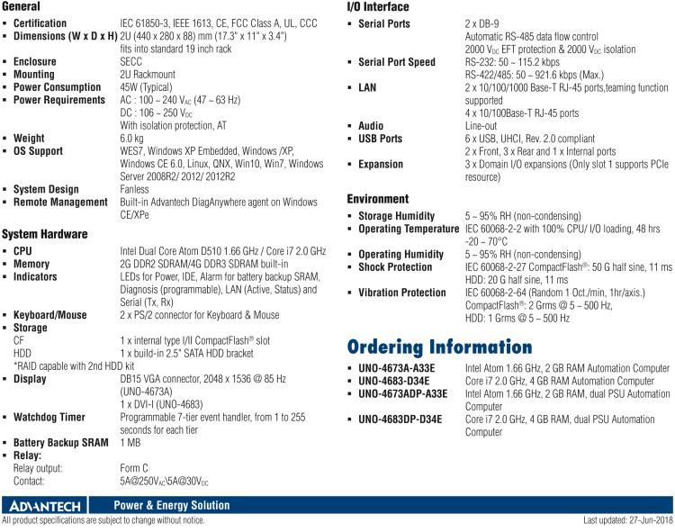 研華UNO-4673A Intel? Atom ? D510 變電站專用機(jī)，帶6×LAN, 2×COM, 3×擴(kuò)展槽