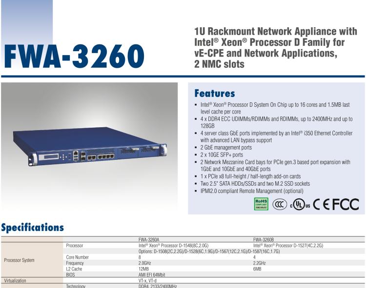 研華FWA-3260 基于Intel? Broadwell XeonTM D-1500系列處理器 1U機架式網(wǎng)絡(luò)應(yīng)用平臺