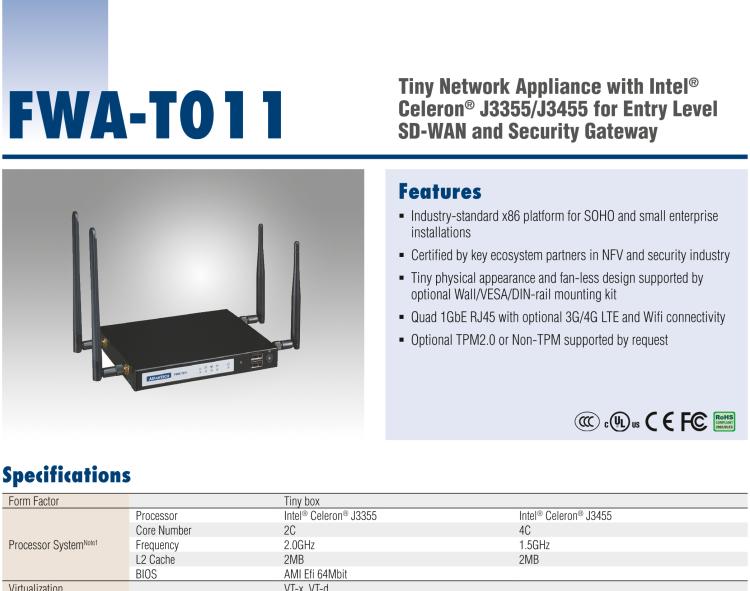 研華FWA-T011 基于Intel? Celeron? N3350/J3455 入門級SD-WAN，安全網(wǎng)關(guān)微型網(wǎng)絡(luò)應(yīng)用平臺