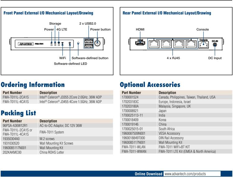 研華FWA-T011 基于Intel? Celeron? N3350/J3455 入門級SD-WAN，安全網(wǎng)關(guān)微型網(wǎng)絡(luò)應(yīng)用平臺