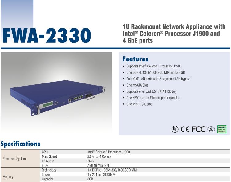 研華FWA-2330 基于Intel? Bay trail-D/M 系列處理器 1U機(jī)架式網(wǎng)絡(luò)應(yīng)用平臺