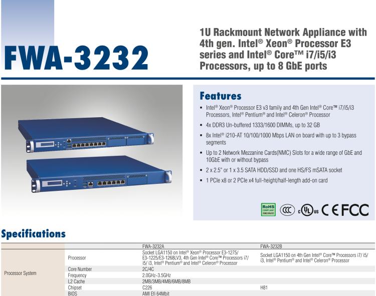 研華FWA-3232 基于Intel? Haswell XeonTM E3/CoreTM/ PentiumTM/CeleronTM系列處理器 1U機架式網(wǎng)絡(luò)應(yīng)用平臺