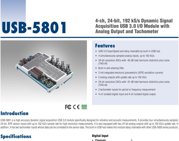 研華USB-5801 4路，24位，192 kS / s的動(dòng)態(tài)信號(hào)采集USB 3.0 I / O模塊使用模擬輸出和轉(zhuǎn)速計(jì)