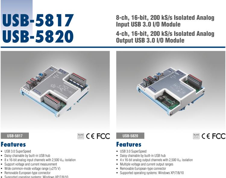 研華USB-5817 8通道，16位，200 kS / s隔離模擬輸入USB 3.0 I / O模塊