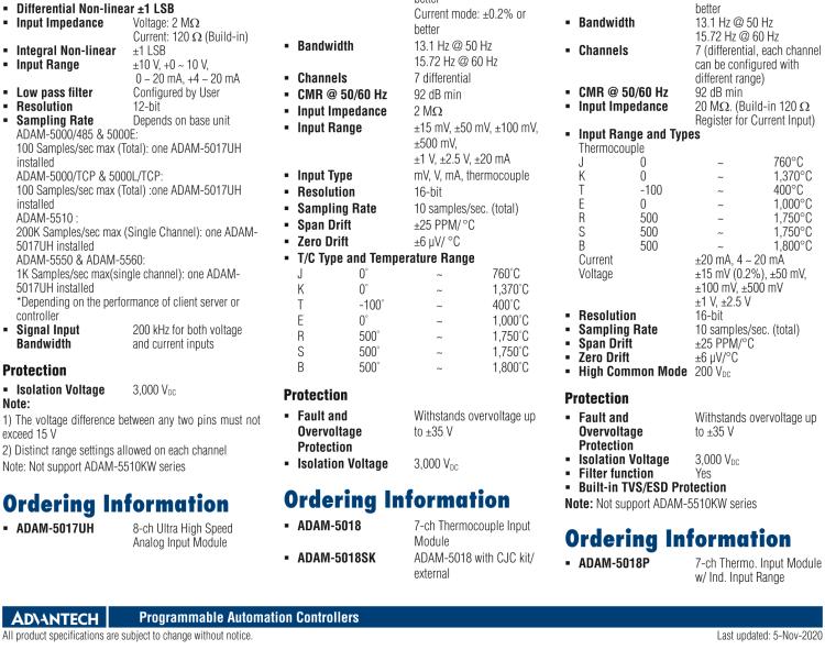 研華ADAM-5018P 7通道熱電偶輸入模塊，具獨(dú)立輸入范圍