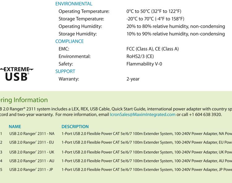 研華BB-00-00401 Ranger 2311: 1-port USB 2.0-1.1 Extender, 100m, Cat5e/6/7, Flexible Local/Remote Power, 100-240V NATAM PS