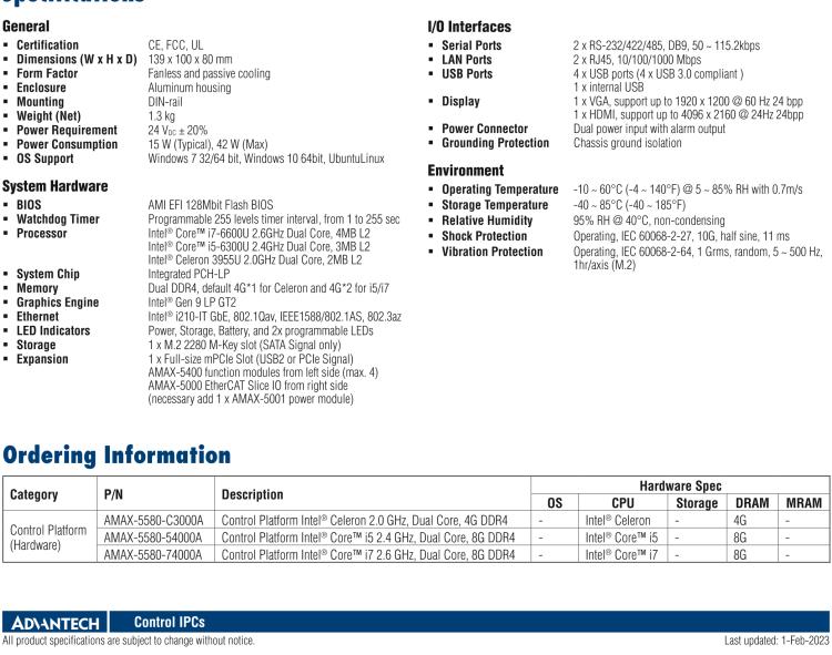 研華AMAX-5580 Intel? Core? i7/i5/Celeron? 邊緣控制器 支持EtherCAT 插片I/O擴(kuò)展