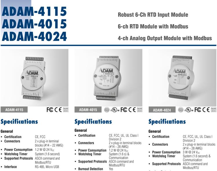 研華ADAM-4115-B ADAM-4115 6 通道 RTD 輸入模塊可接受多種 RTD 傳感器類型，包括 Pt100、Pt1000、Ni50、Ni508 和 Balco 500 系列