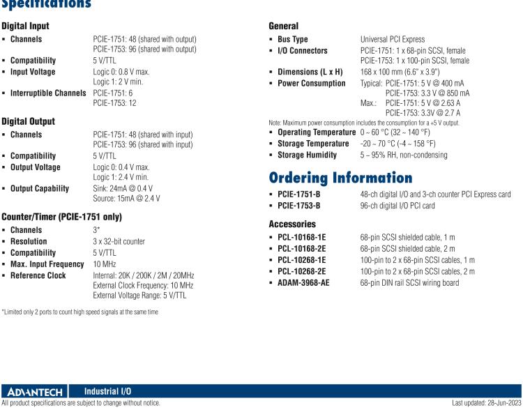 研華PCIE-1751 48 通道PCI Express總線通用數(shù)字 I/O 和計(jì)數(shù)器卡