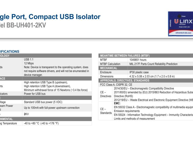 研華BB-UH401-2KV USB 2.0 2 kV隔離器，1端口，12 Mbps全速