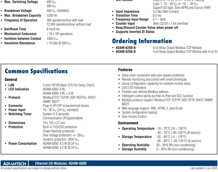 研華ADAM-6266 支持Modbus TCP的4路繼電器輸出模塊，帶4路DI