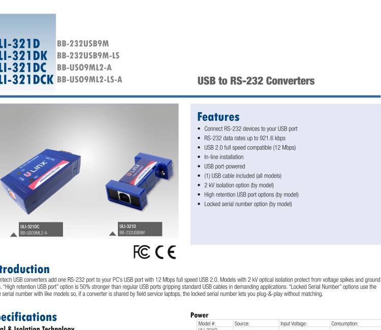 研華BB-232USB9M-LS ULI-321DK USB 2.0到RS-232轉(zhuǎn)換器，DB9公頭 端口號鎖定