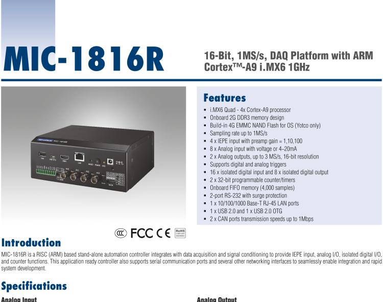研華MIC-1816R 帶有ARM Cortex?-A9 i.MX6 1GHz的16位，1MS/s DAQ平臺(tái)