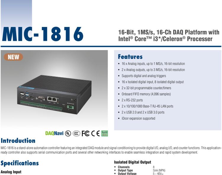 研華MIC-1816 具有Core?i3 /Celeron?處理器的16位，1 MS / s，16通道DAQ平臺