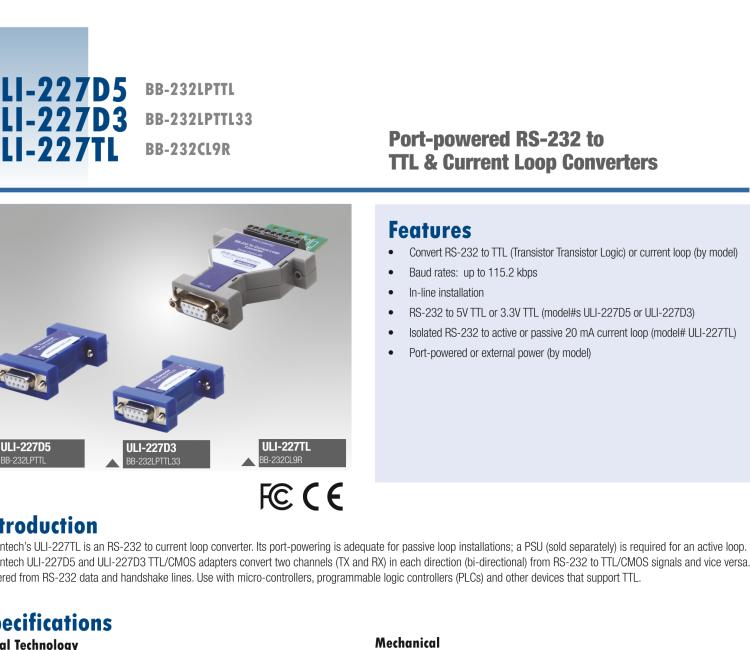 研華BB-232LPTTL33 ULI-227D3 RS-232（DB9母頭）至3.3V TTL（DB9公頭）轉(zhuǎn)換器，端口供電