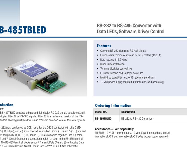 研華BB-485TBLED 串口轉(zhuǎn)換器，RS-232 DB25 母頭至RS-485 TB