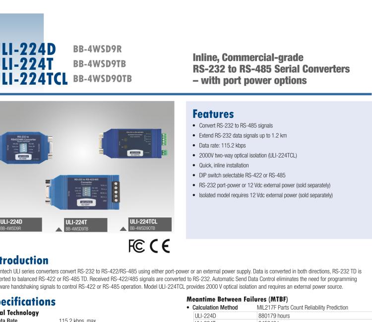 研華BB-485BAT3 ULI-224TB RS-232（DB9母頭至RS-422/485（接線端子）轉(zhuǎn)換器，電池供電