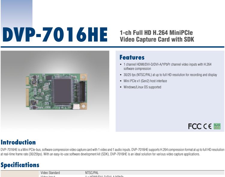 研華DVP-7016HE 1-ch Full HD H.264 MiniPCIe Video Capture Card with SDK