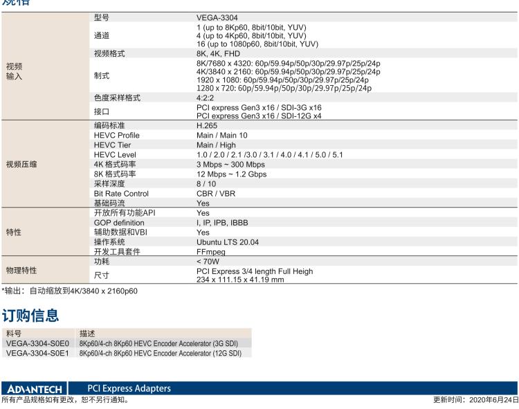 研華VEGA-3304 8Kp60實時廣播級HEVC編碼卡